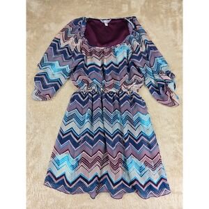 Speechless Chevron Print Square Neck‎ Midi Dress Women's Medium Purple Blue